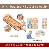 Pack Mini Bowling de Madera + Puzzle Buho 3D
