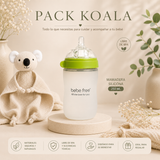 Pack Koala: Tuto Algodón Orgánico + Mamadera Anticólicos + 6 Mordedores Silicona + Babero de Regalo