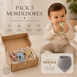 Pack 3 Mordedores Sensoriales: Estimulación Temprana y alivio en la salida de los dientes + Babero de Regalo
