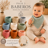 Pack 3 Baberos: Algodón 100% Orgánico + Portachupete de Regalo