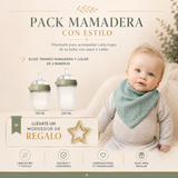 Pack Mamadera con Estilo + 2 Baberos de Algodón Orgánico + Mordedor de Regalo
