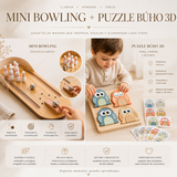 Pack Mini Bowling de Madera + Puzzle Buho 3D