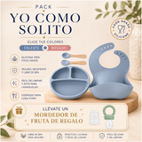Pack Yo como Solito: Babero + Plato de Silicona + Mordedor de Frutas de Regalo