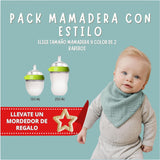 Pack Mamadera con Estilo: 1 Mamadera + 2 Baberos + Mordedor de Regalo